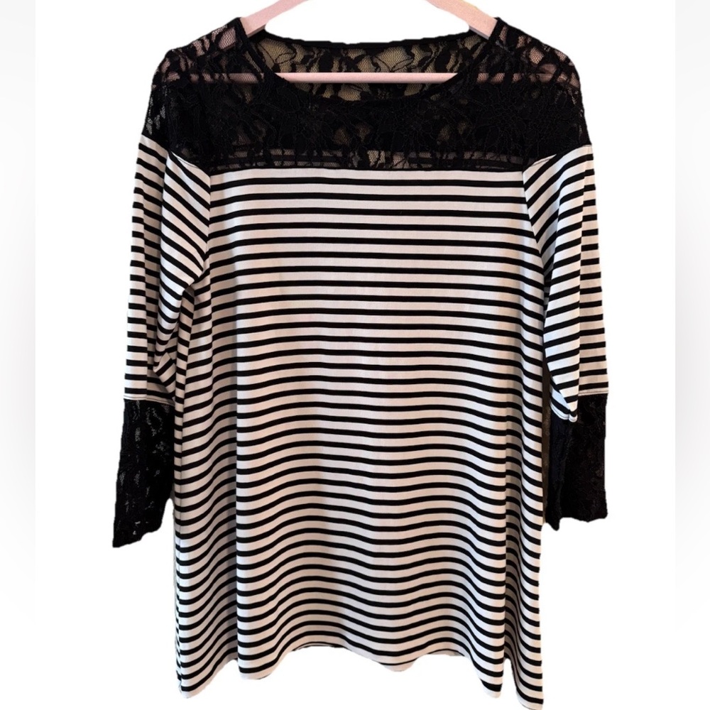 Chico's Black White Striped Lace Tunic 3/4 Sleeve Top, Women's Size 0